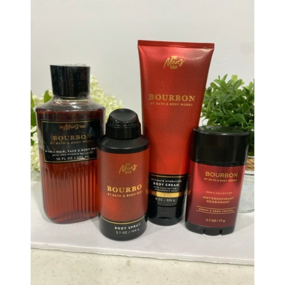 Bath & Body Works Bourbon Mens Shop 4pc Set Body Wash Spray Cream Deodorant NEW